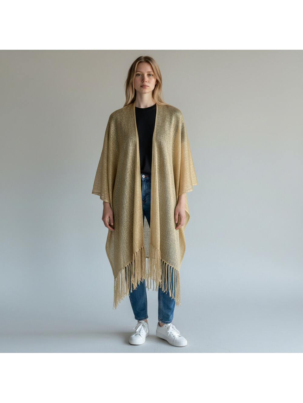 Cato Top Women One Size Beige Open Front 3/4 Sleeve Fringe Sheer Casual Solid
